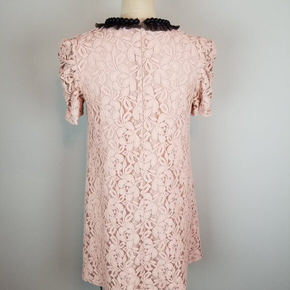 Vintage Style Pink Lace A Line Shift Dress w/ Net Covered Black Beaded Neckline - Picture 7 of 8